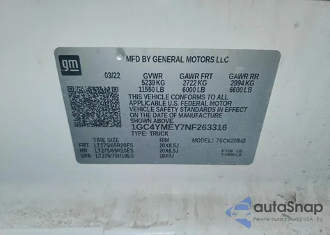 2022 Chevrolet Silverado K2500 Custom z USA, uszkodzony, nr VIN 1GC4YMEY7NF263316